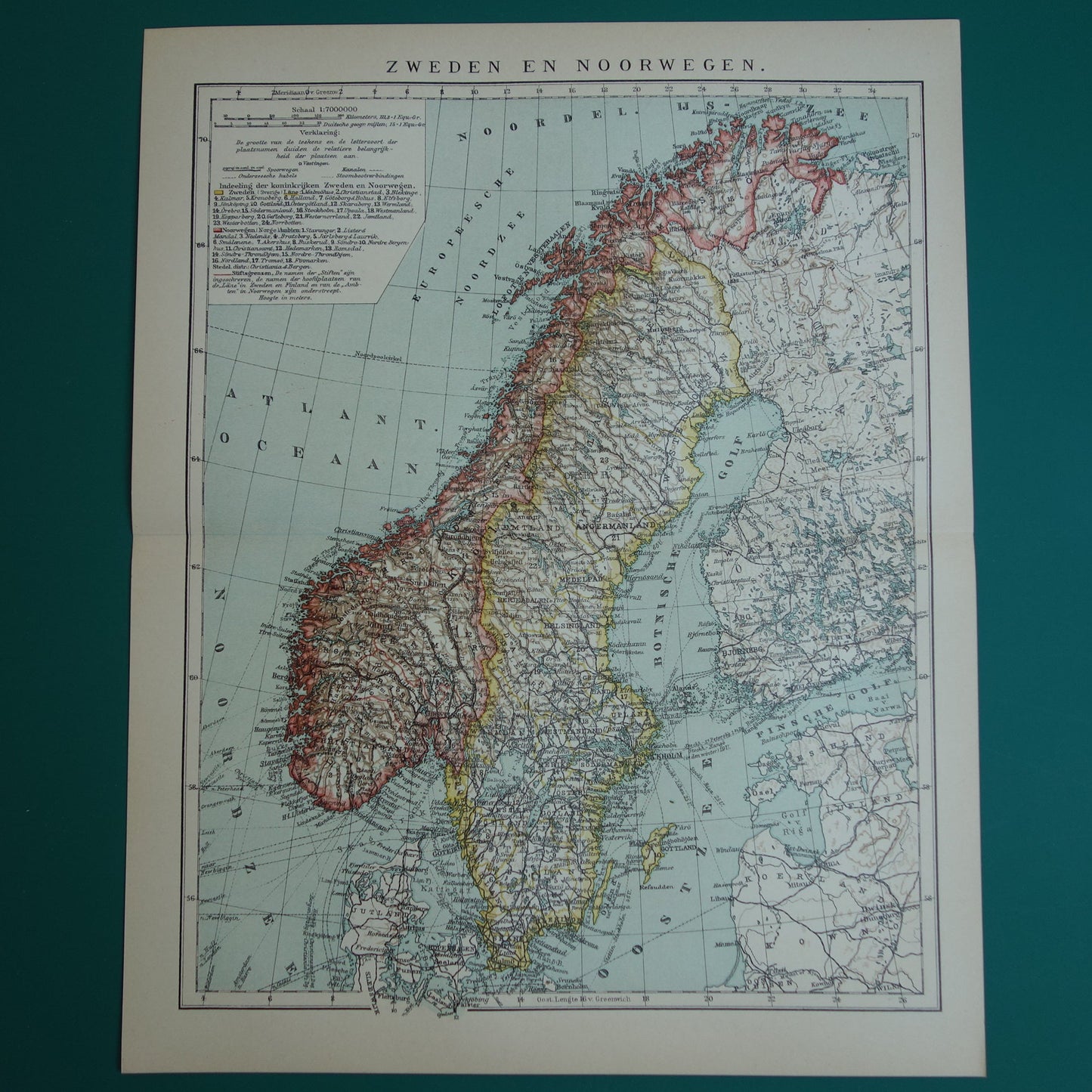 Kaart van Zweden Noorwegen uit 1910 originele oude vintage landkaart Stockholm Oslo Antieke gedetailleerde kaarten