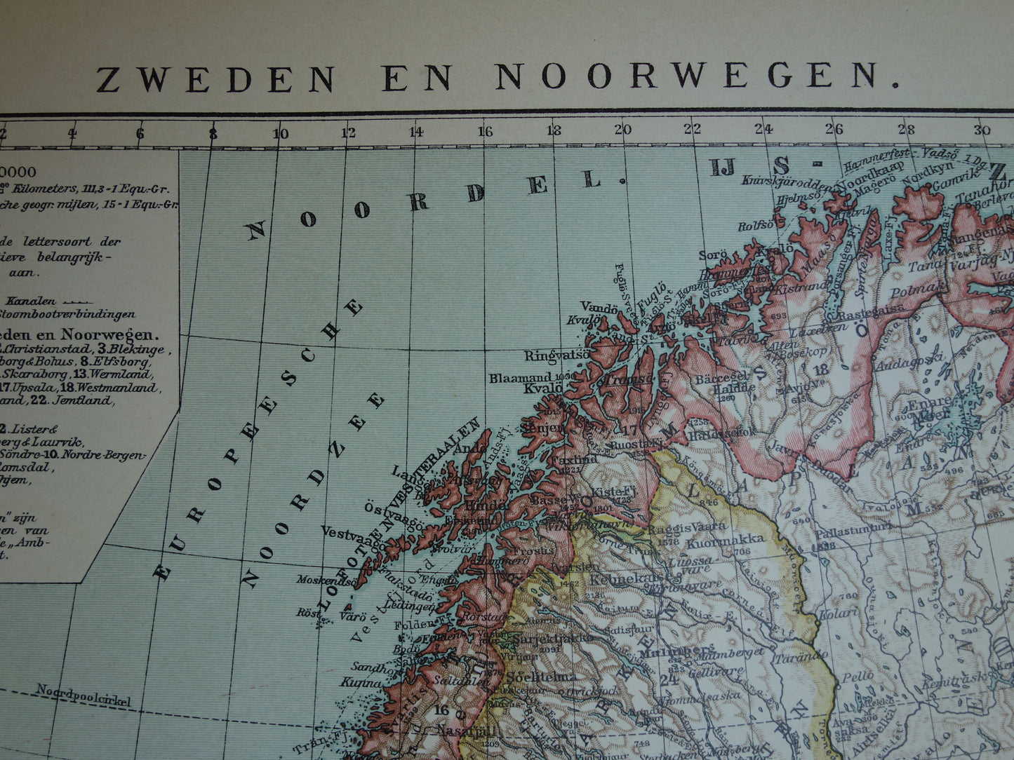 Kaart van Zweden Noorwegen uit 1910 originele oude vintage landkaart Stockholm Oslo Antieke gedetailleerde kaarten