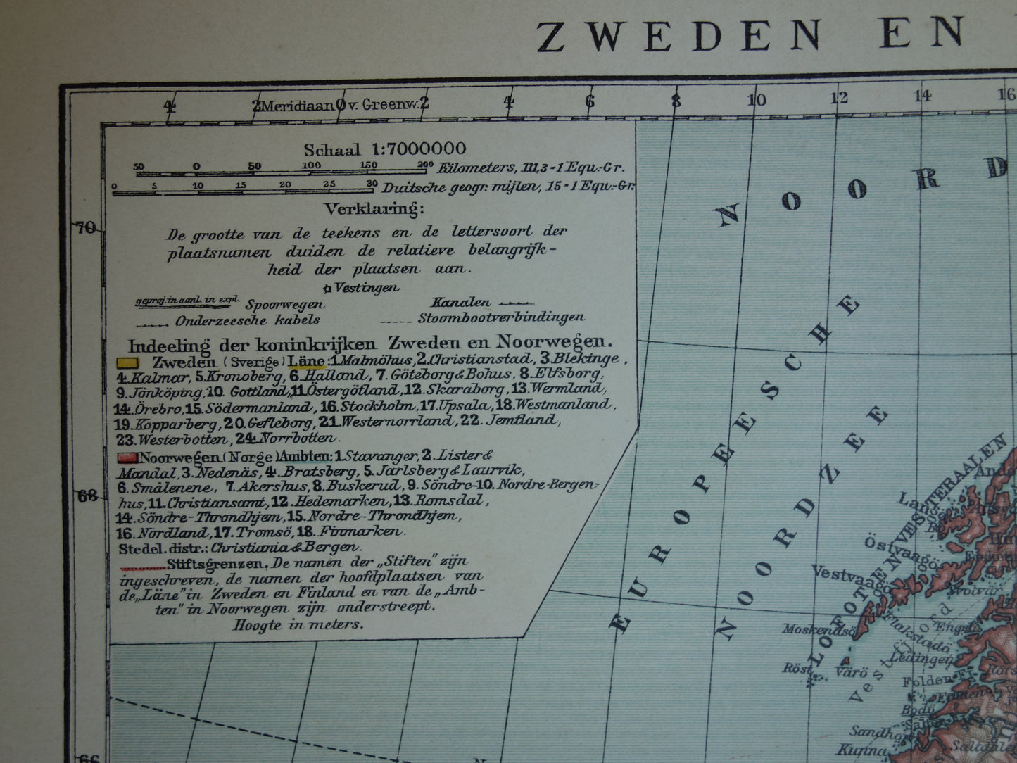 Kaart van Zweden Noorwegen uit 1910 originele oude vintage landkaart Stockholm Oslo Antieke gedetailleerde kaarten
