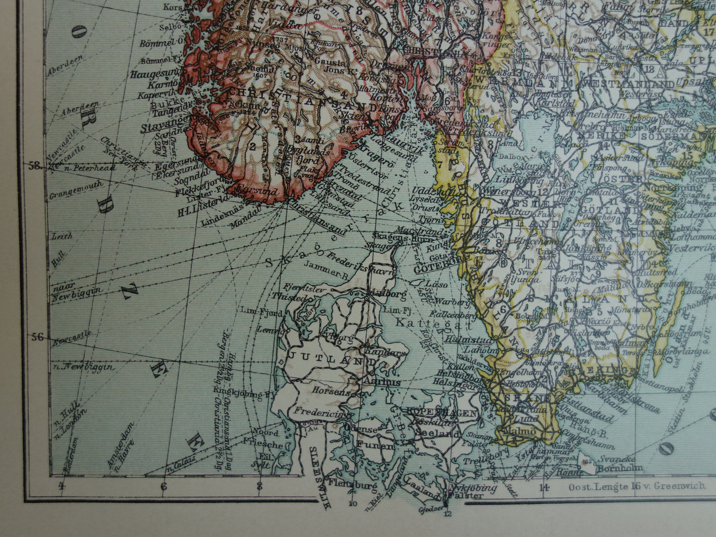 Kaart van Zweden Noorwegen uit 1910 originele oude vintage landkaart Stockholm Oslo Antieke gedetailleerde kaarten