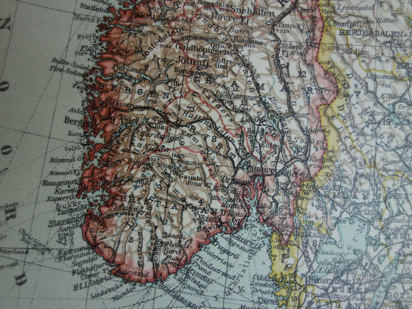 Kaart van Zweden Noorwegen uit 1910 originele oude vintage landkaart Stockholm Oslo Antieke gedetailleerde kaarten