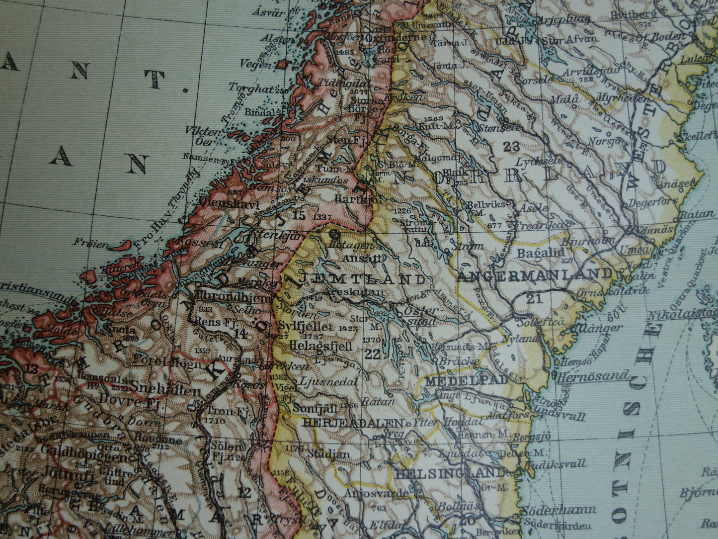 Kaart van Zweden Noorwegen uit 1910 originele oude vintage landkaart Stockholm Oslo Antieke gedetailleerde kaarten