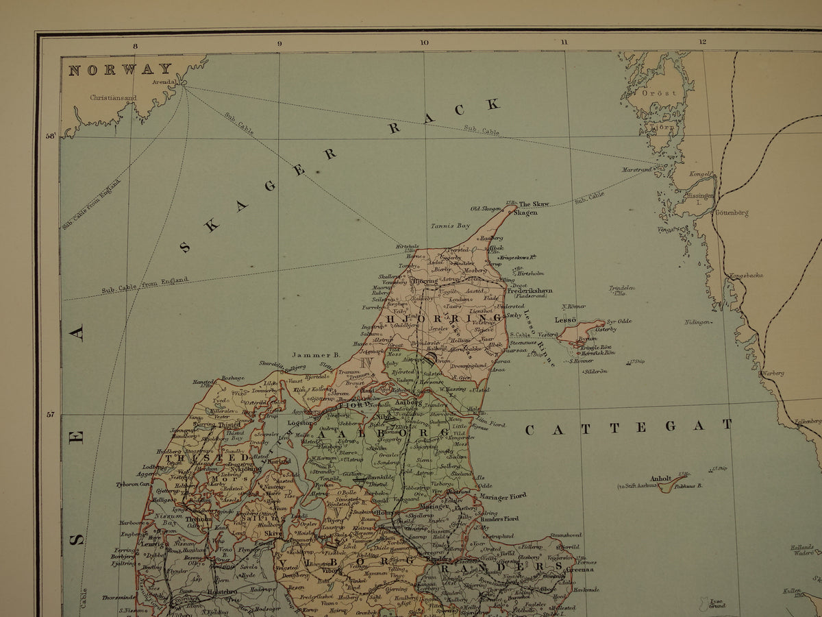 Dänemark große alte Karte von Dänemark Grönland und Island aus dem Jahr 1890 originales antikes Kartenposter