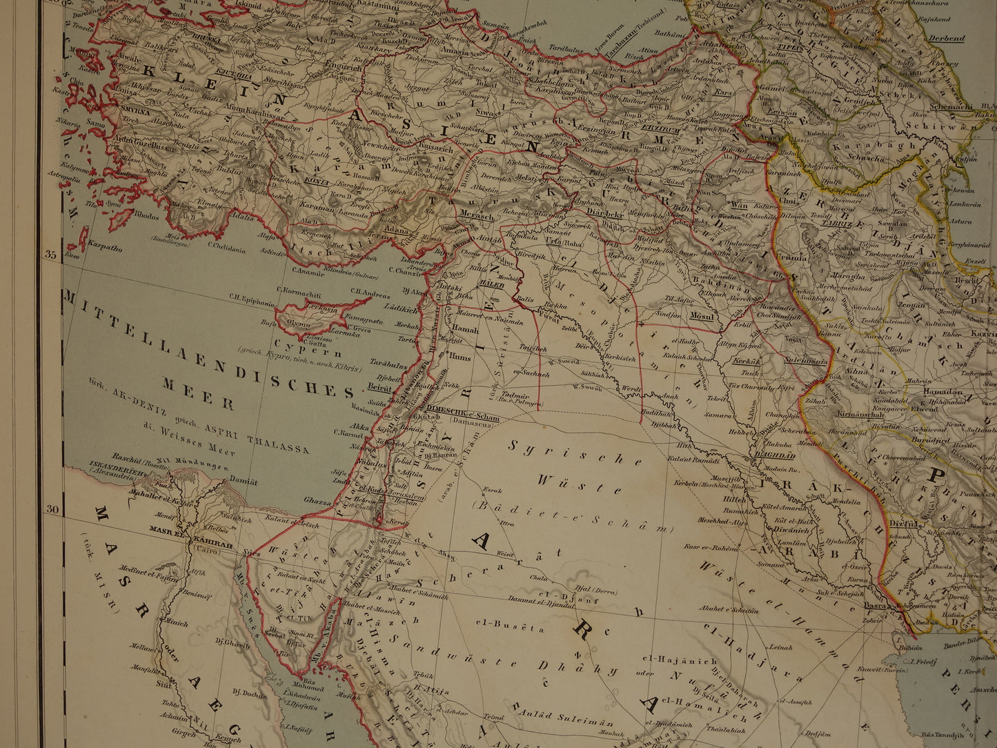 MIDDEN-OOSTEN Grote Oude Kaart van Turkse Rijk Perzië Kaukasus 1855 Originele Antieke Landkaart Turkije Saoedie-Arabië Iran Irak