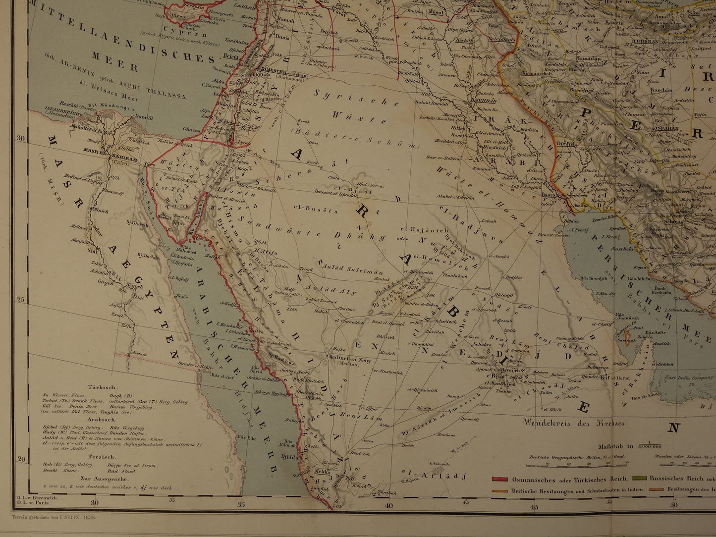 MIDDEN-OOSTEN Grote Oude Kaart van Turkse Rijk Perzië Kaukasus 1855 Originele Antieke Landkaart Turkije Saoedie-Arabië Iran Irak