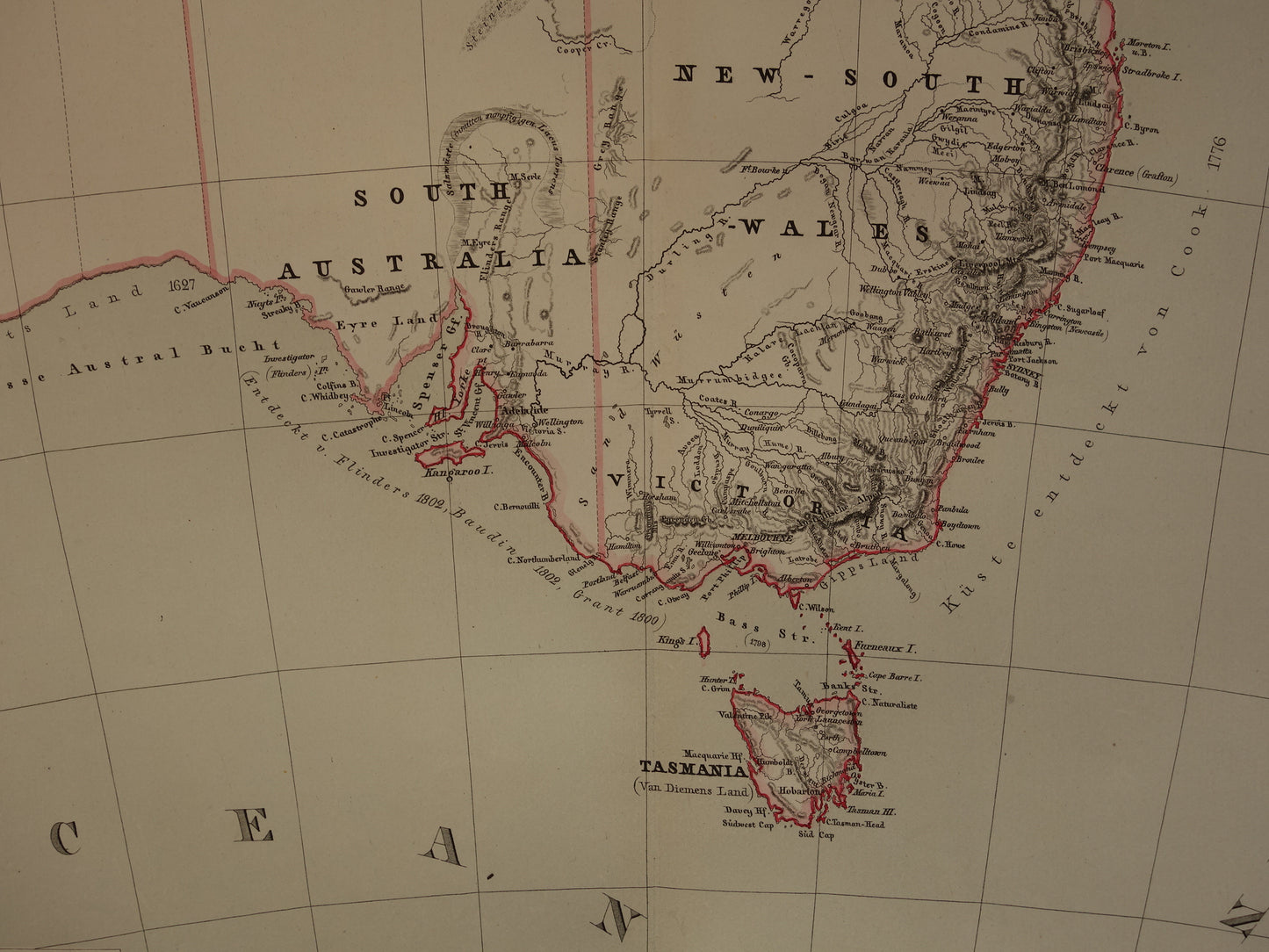 Australië & Nieuw-Zeeland Grote Antieke Landkaart 1857 Originele Handgekleurde Kaart