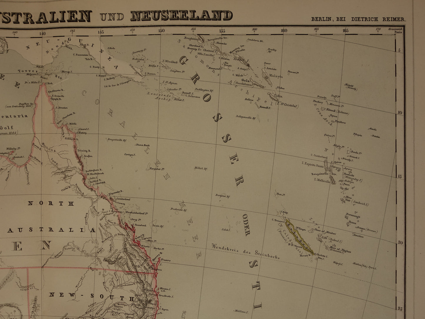 Australië & Nieuw-Zeeland Grote Antieke Landkaart 1857 Originele Handgekleurde Kaart