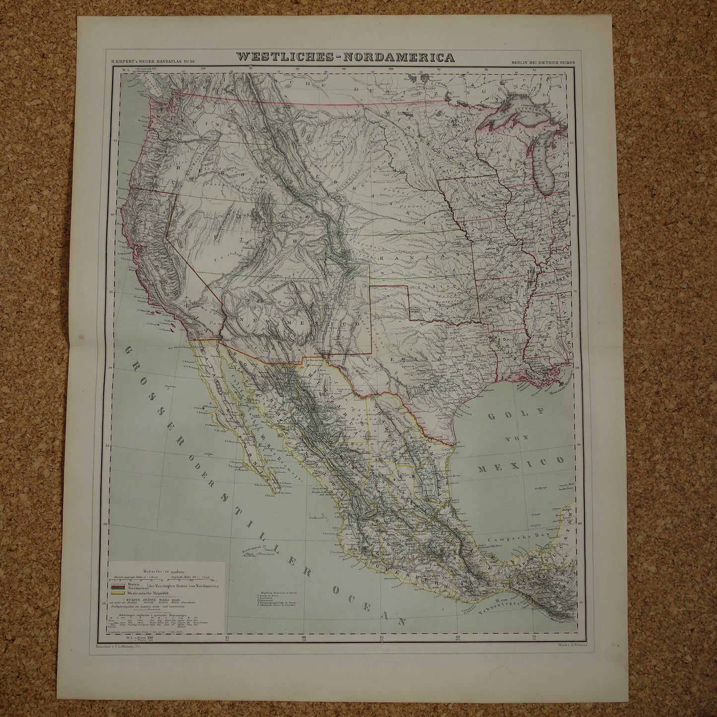 Verenigde Staten Westkust oude kaart van VS in 1857 originele antieke landkaart Amerika vintage poster