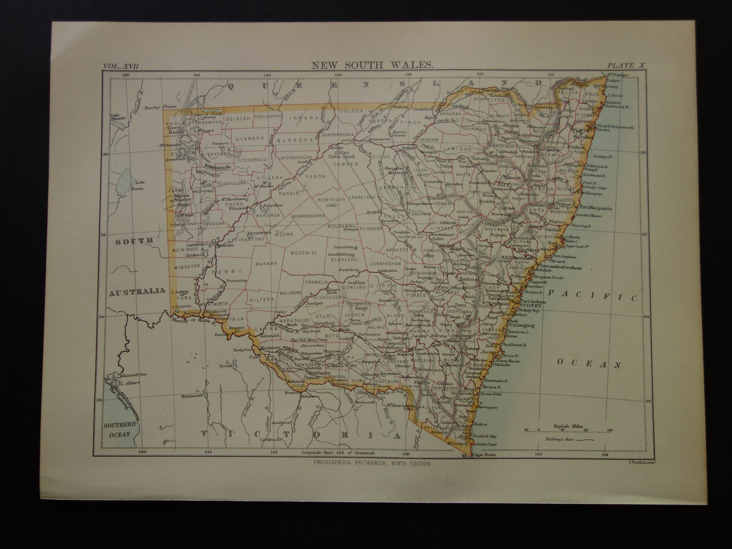 Oude landkaart van de staat New South Wales in Australië 1884 originele oude kaart Sydney NSW te koop