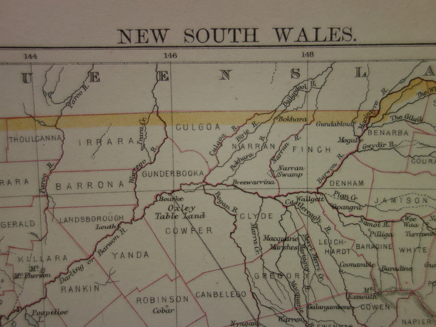 Oude landkaart van de staat New South Wales in Australië 1884 originele oude kaart Sydney NSW te koop