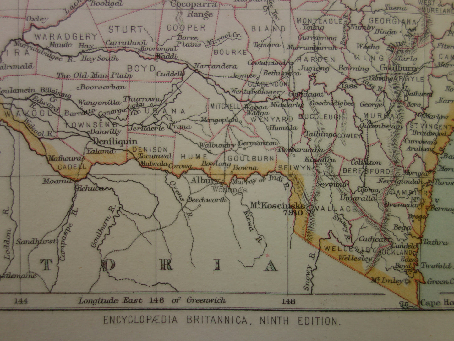Oude landkaart van de staat New South Wales in Australië 1884 originele oude kaart Sydney NSW te koop