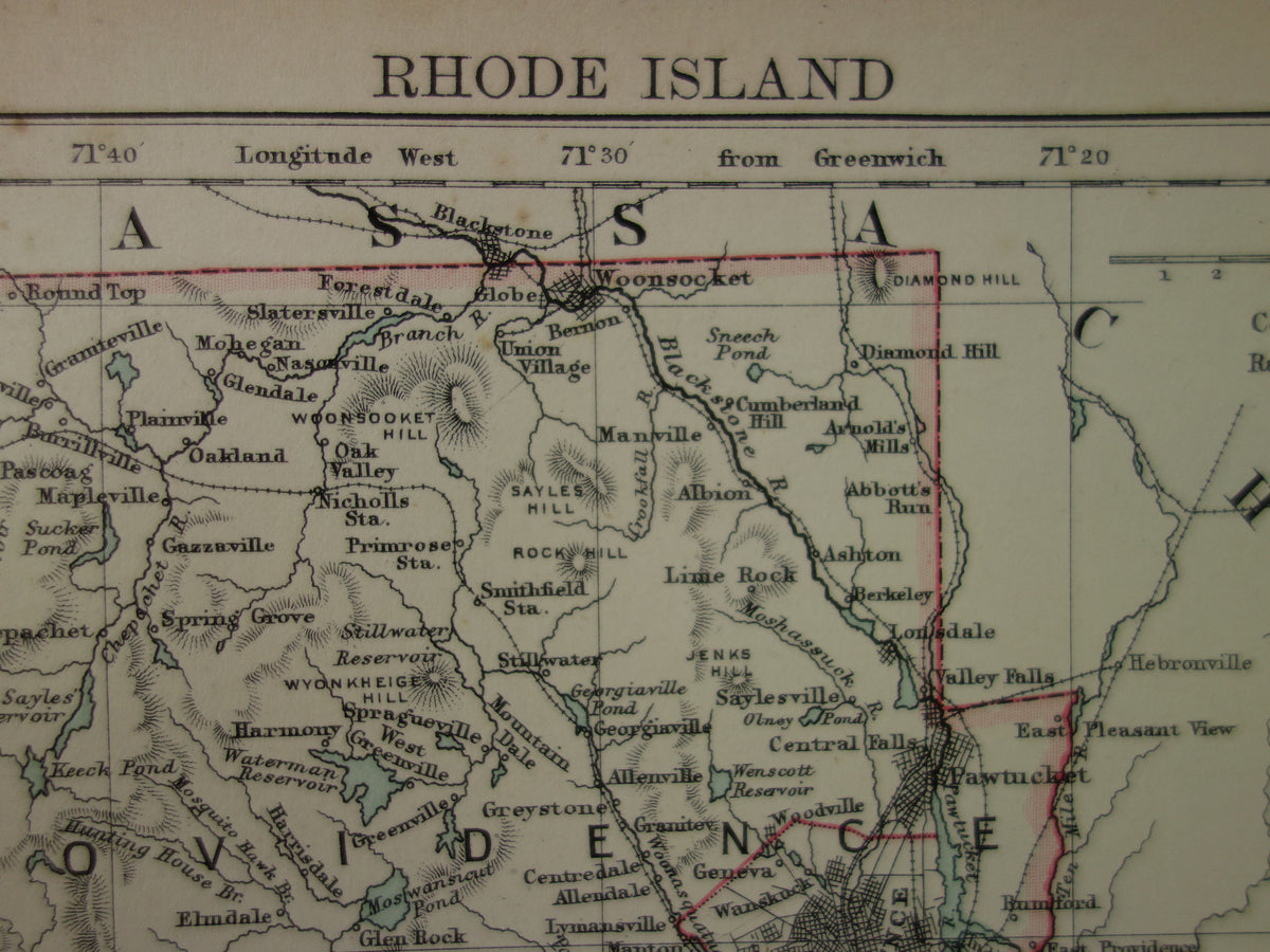 Original alte Karte von Rhode Island aus dem Jahr 1886, antike englische Landkarte, RI Bundesstaat USA