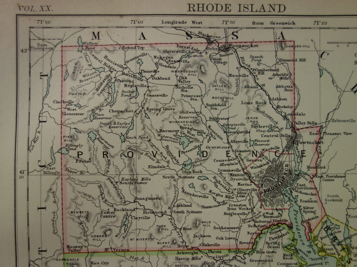 Original alte Karte von Rhode Island aus dem Jahr 1886, antike englische Landkarte, RI Bundesstaat USA