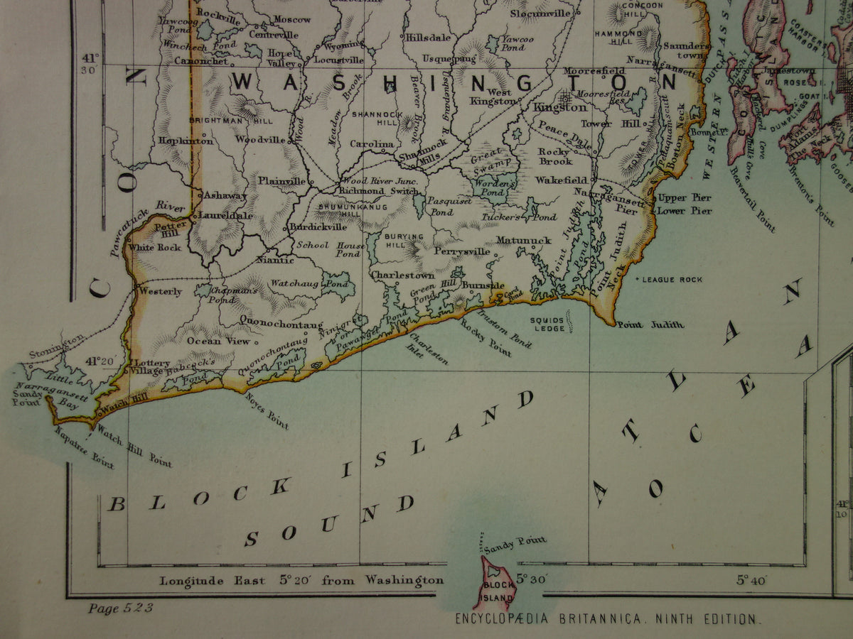 Original alte Karte von Rhode Island aus dem Jahr 1886, antike englische Landkarte, RI Bundesstaat USA
