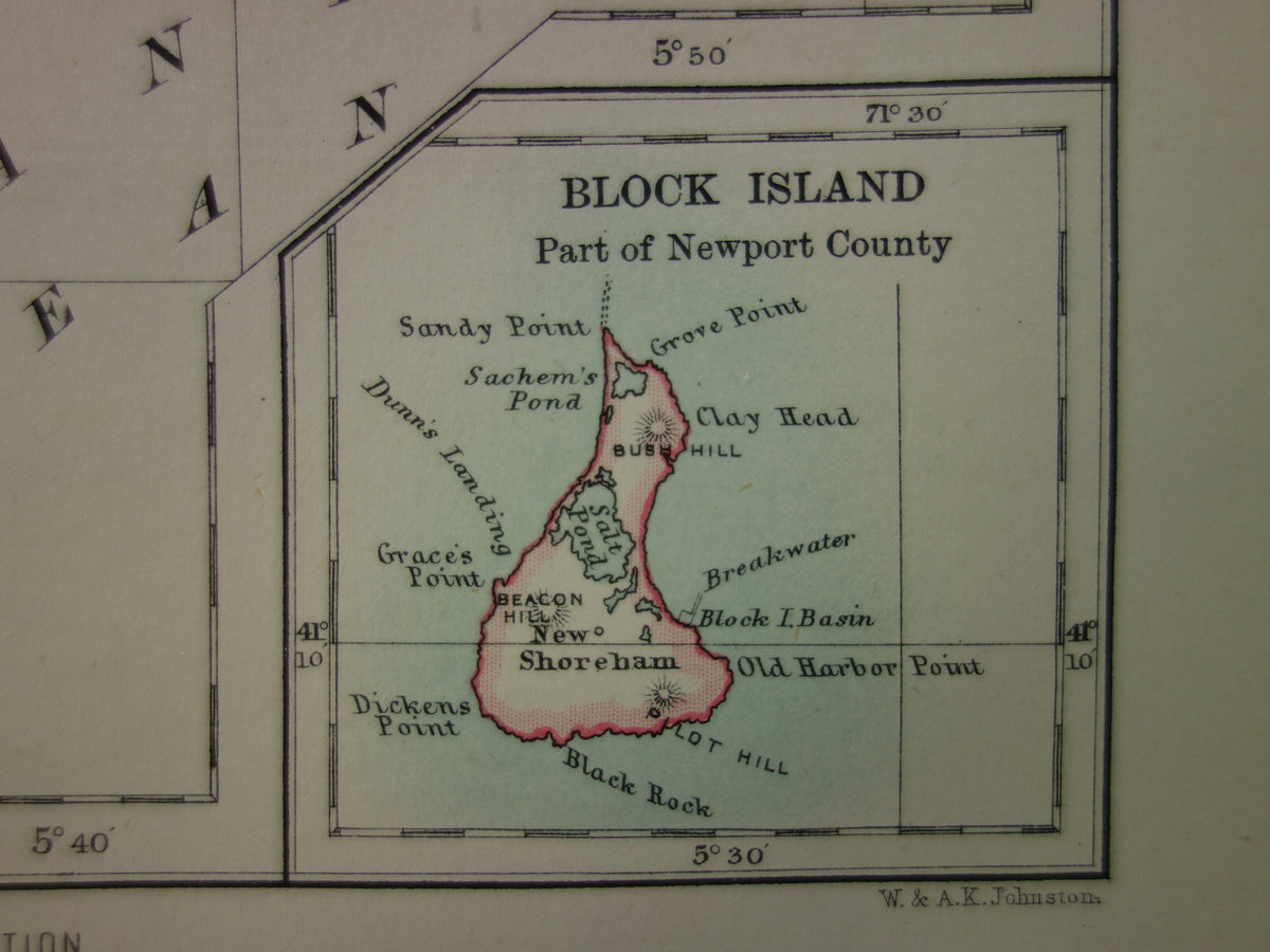 Original alte Karte von Rhode Island aus dem Jahr 1886, antike englische Landkarte, RI Bundesstaat USA