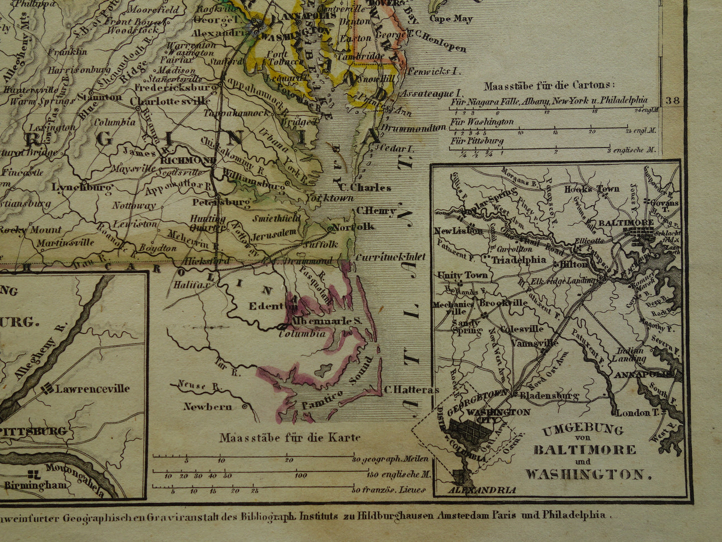Oude kaart van de noordoostkust van de VS uit 1850 met de staten New York New Jersey Pennsylvania - antieke landkaart met jaartal