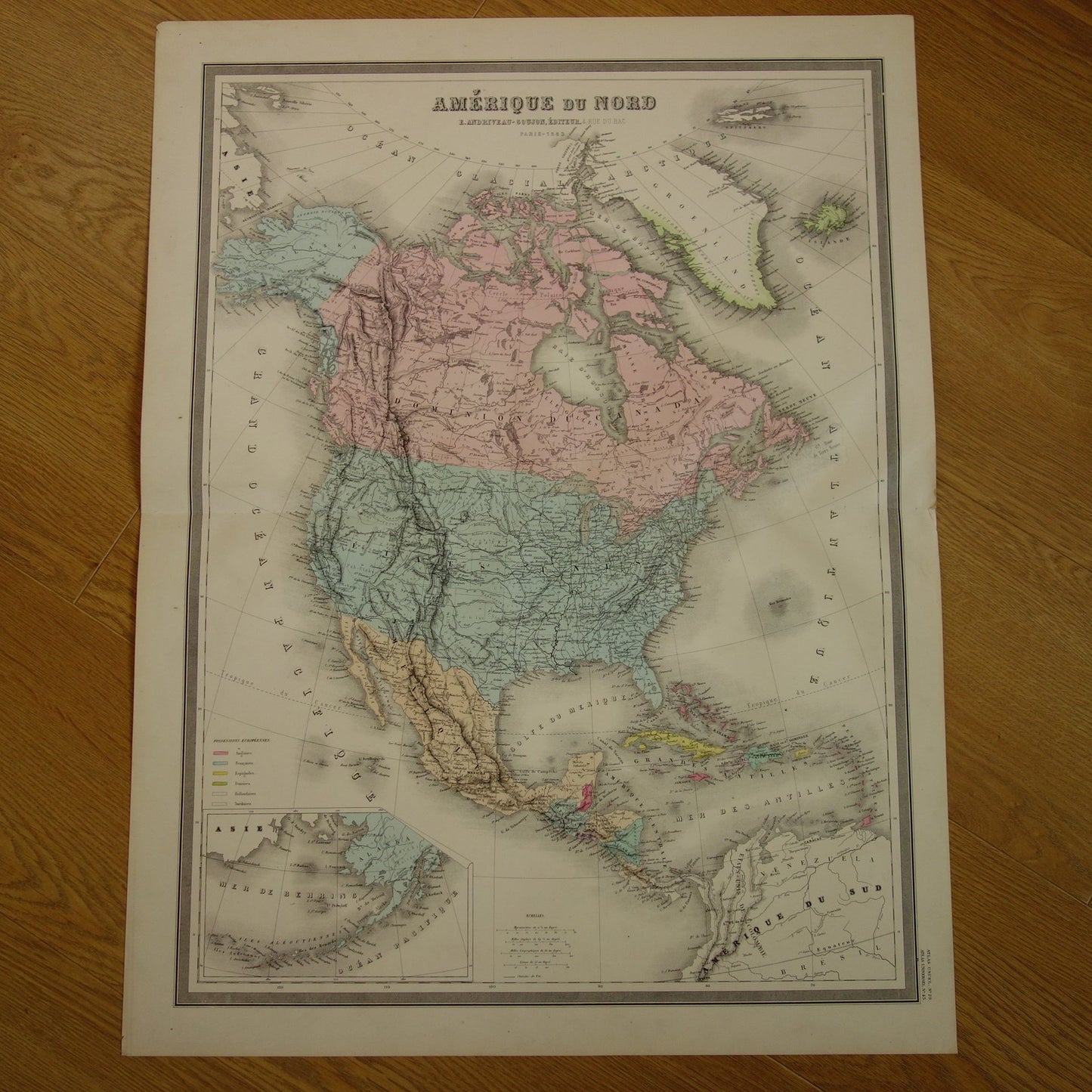 NOORD-AMERIKA Grote oude landkaart uit 1883 originele antieke Franse kaart Canada Verenigde Staten Mexico
