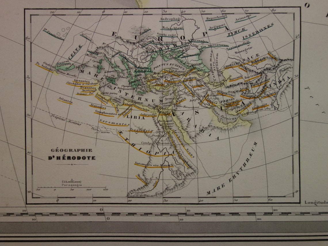 Oude Wereldkaart van Klassieke Oudheid 1863 zeer grote kaart van de wereld Ptolemaeus Herodotus