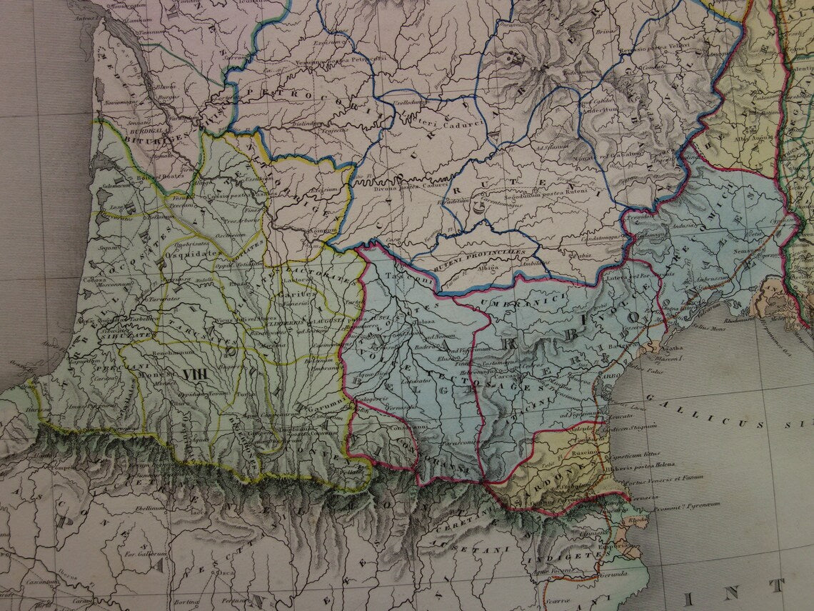 Limes oude historische landkaart van Romeinse Rijk in Nederland België en Frankrijk 1863 originele antieke kaart Gallië grens Rijn