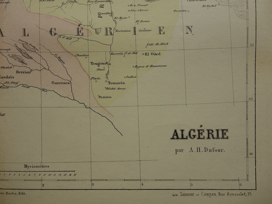 ALGERIJE antieke landkaart - Handgekleurde oude Franse kaart van Algerije uit 1858