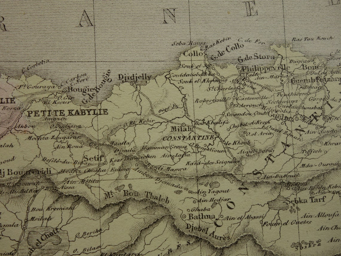 ALGERIJE antieke landkaart - Handgekleurde oude Franse kaart van Algerije uit 1858