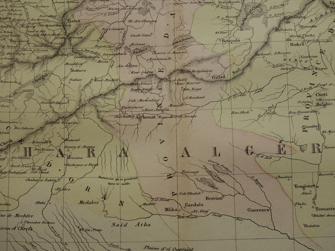 ALGERIJE antieke landkaart - Handgekleurde oude Franse kaart van Algerije uit 1858