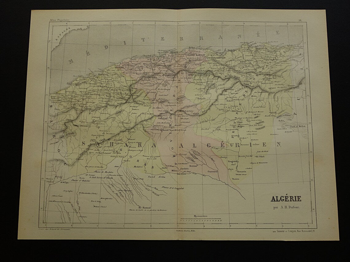 ALGERIJE antieke landkaart - Handgekleurde oude Franse kaart van Algerije uit 1858