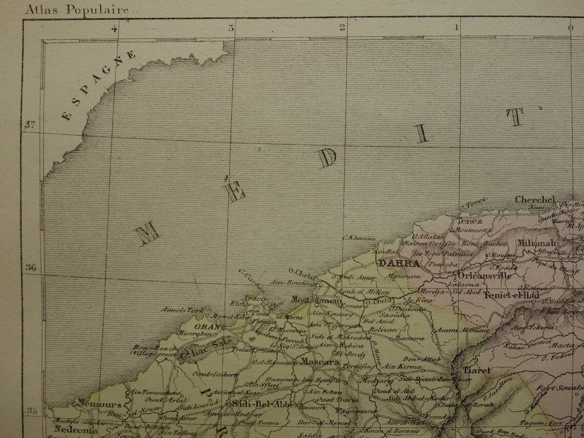 ALGERIJE antieke landkaart - Handgekleurde oude Franse kaart van Algerije uit 1858