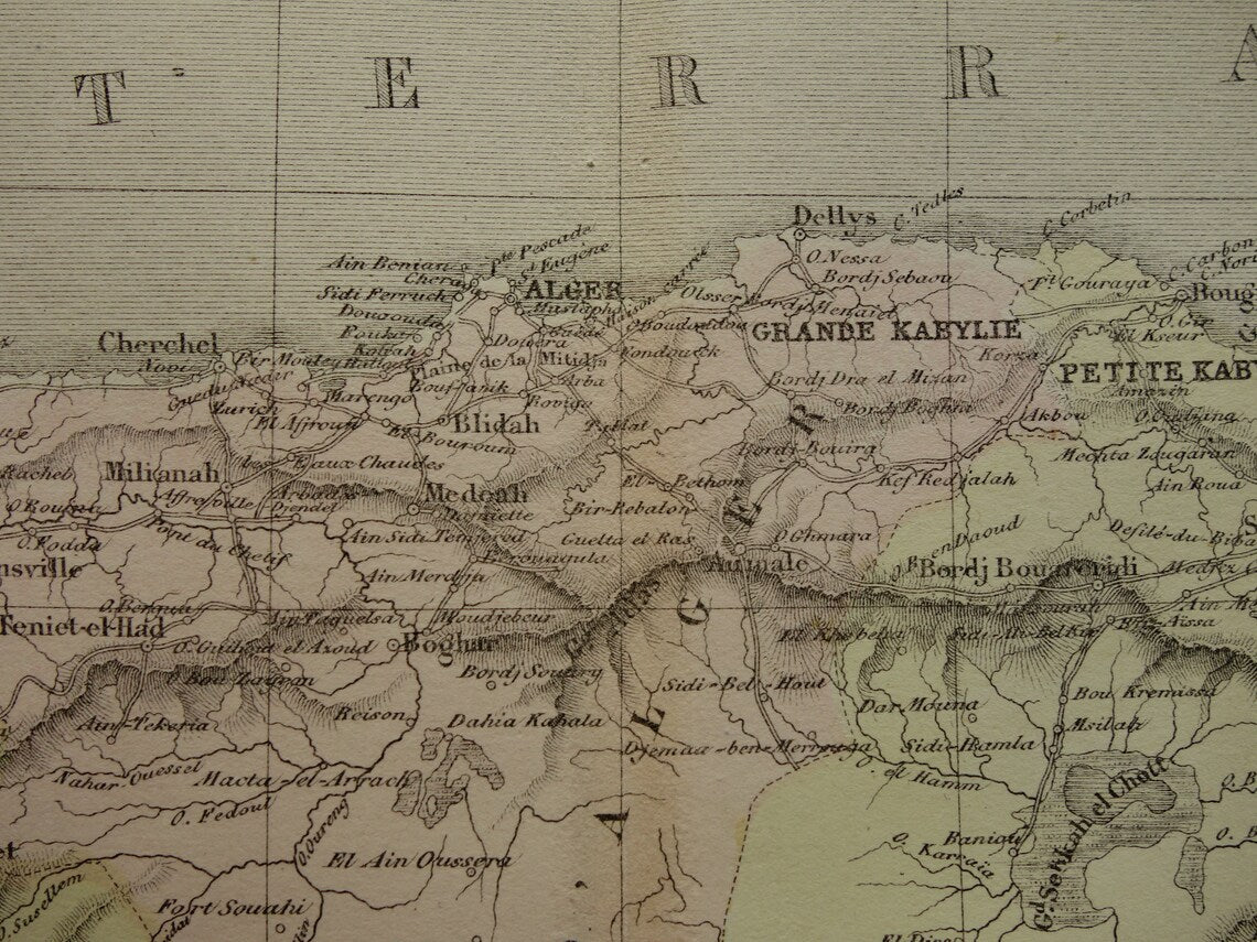 ALGERIJE antieke landkaart - Handgekleurde oude Franse kaart van Algerije uit 1858