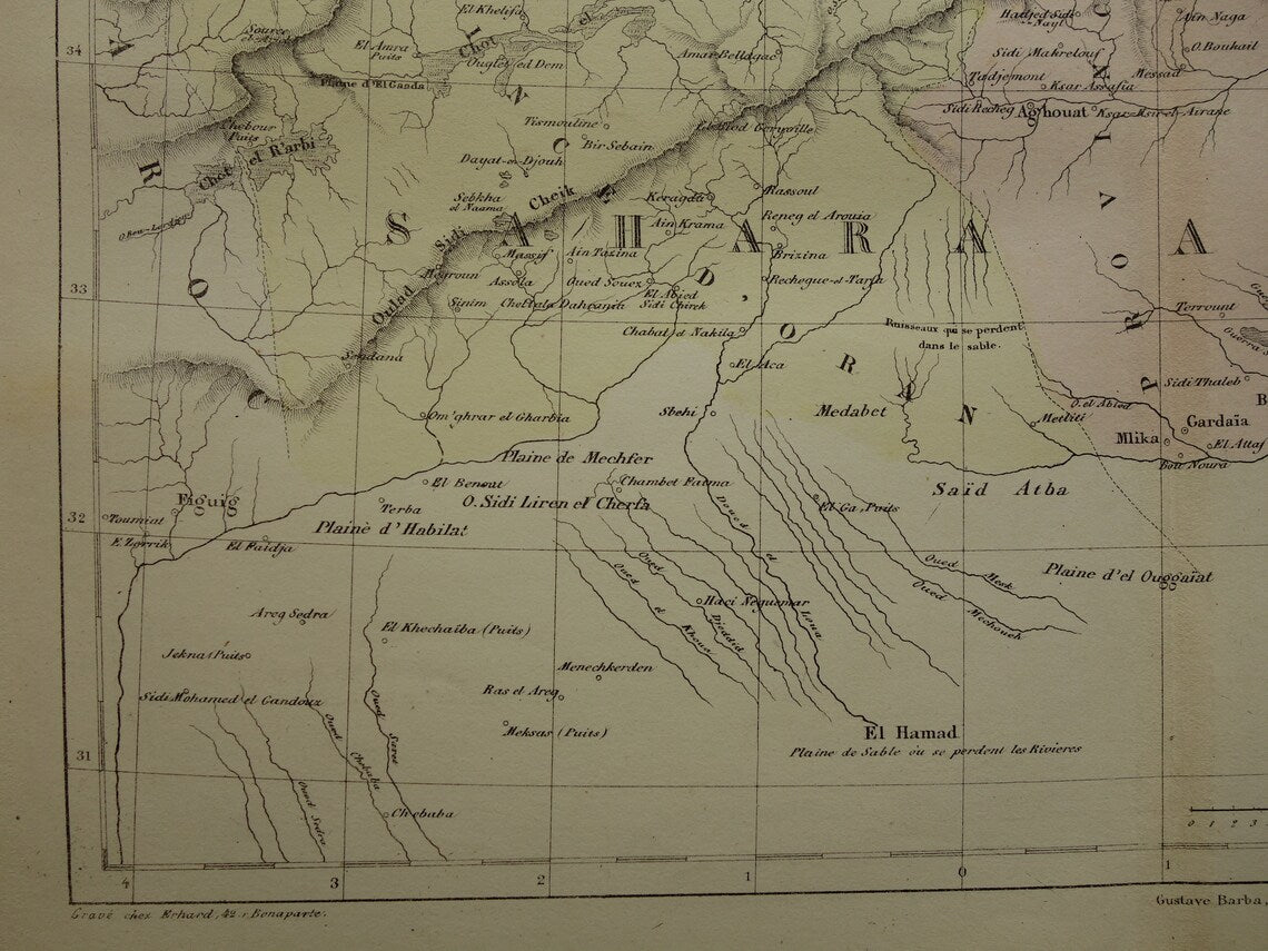 ALGERIJE antieke landkaart - Handgekleurde oude Franse kaart van Algerije uit 1858
