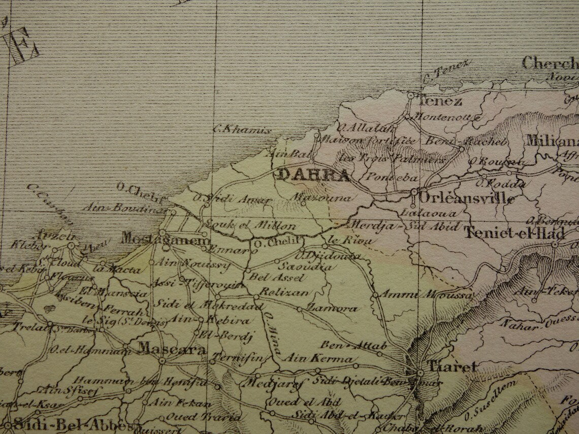 ALGERIJE antieke landkaart - Handgekleurde oude Franse kaart van Algerije uit 1858