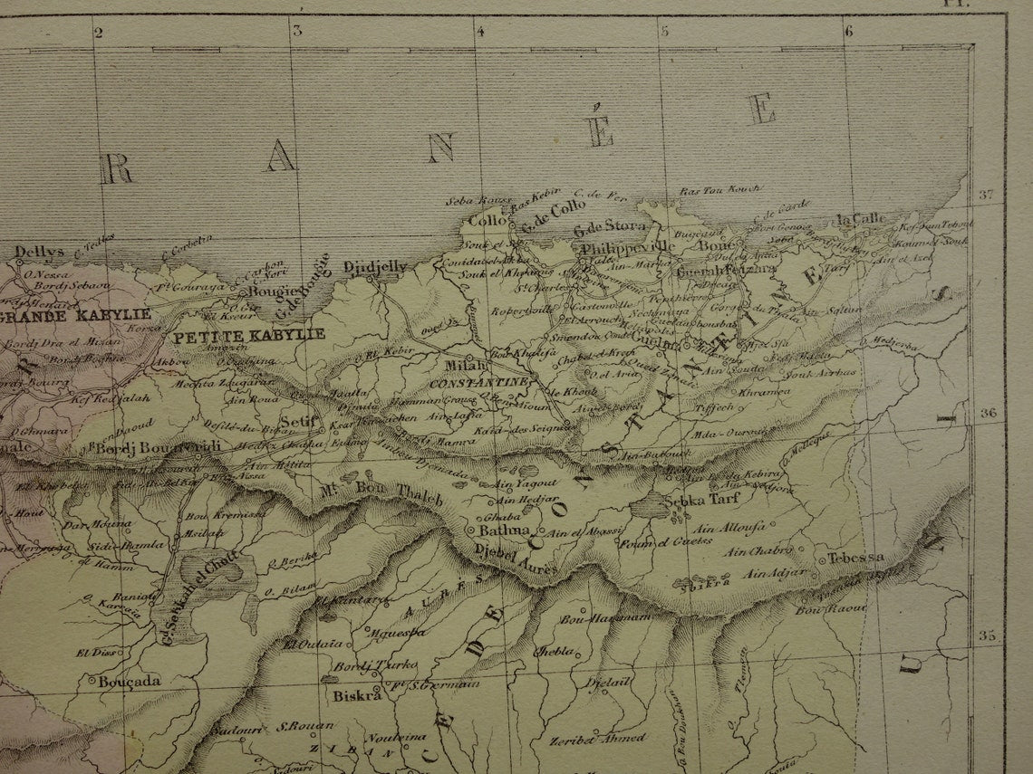 ALGERIJE antieke landkaart - Handgekleurde oude Franse kaart van Algerije uit 1858