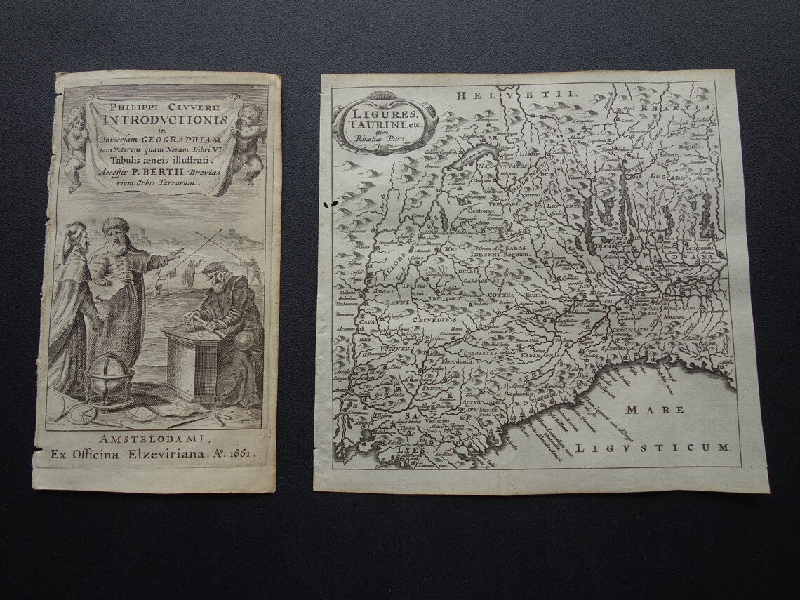 Italië 360+ jaar oude kaart van Noordwest-Italië in oudheid 1661 originele antieke Nederlandse landkaart klein formaat