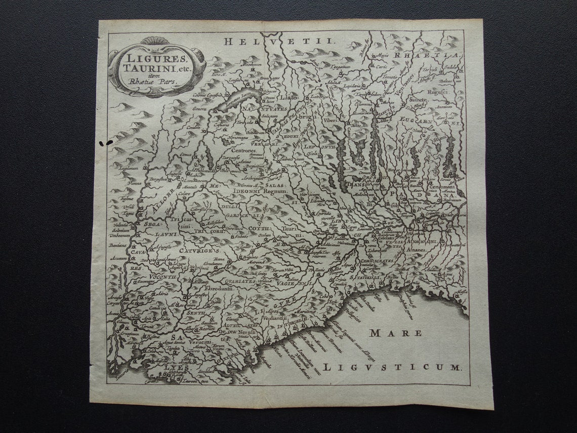 Italië 360+ jaar oude kaart van Noordwest-Italië in oudheid 1661 originele antieke Nederlandse landkaart klein formaat