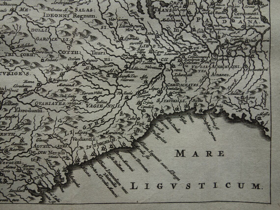 Italië 360+ jaar oude kaart van Noordwest-Italië in oudheid 1661 originele antieke Nederlandse landkaart klein formaat