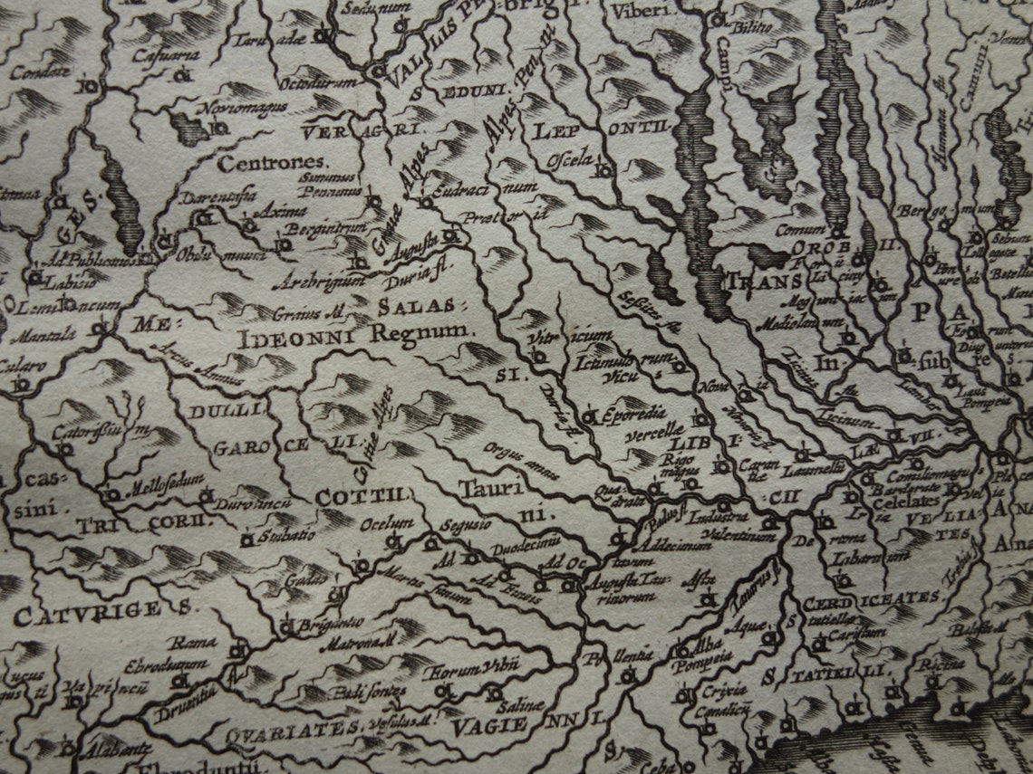Italië 360+ jaar oude kaart van Noordwest-Italië in oudheid 1661 originele antieke Nederlandse landkaart klein formaat