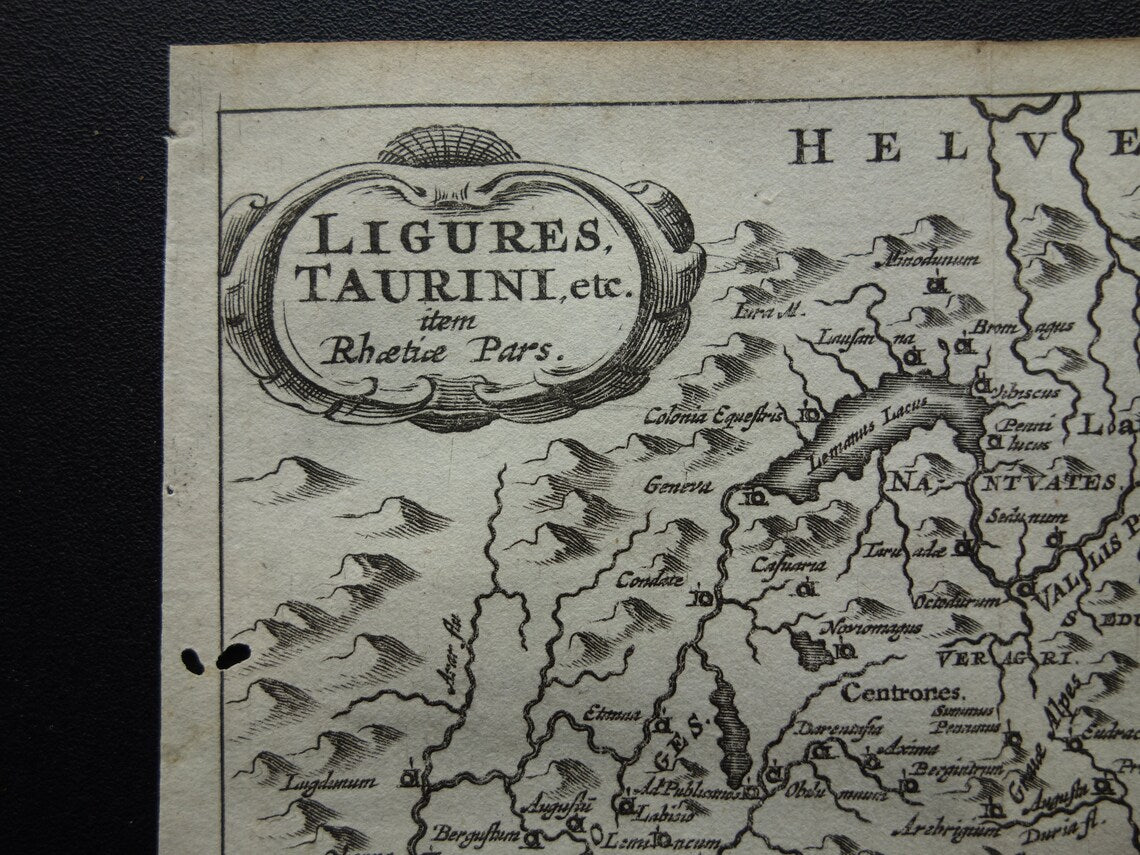 Italië 360+ jaar oude kaart van Noordwest-Italië in oudheid 1661 originele antieke Nederlandse landkaart klein formaat
