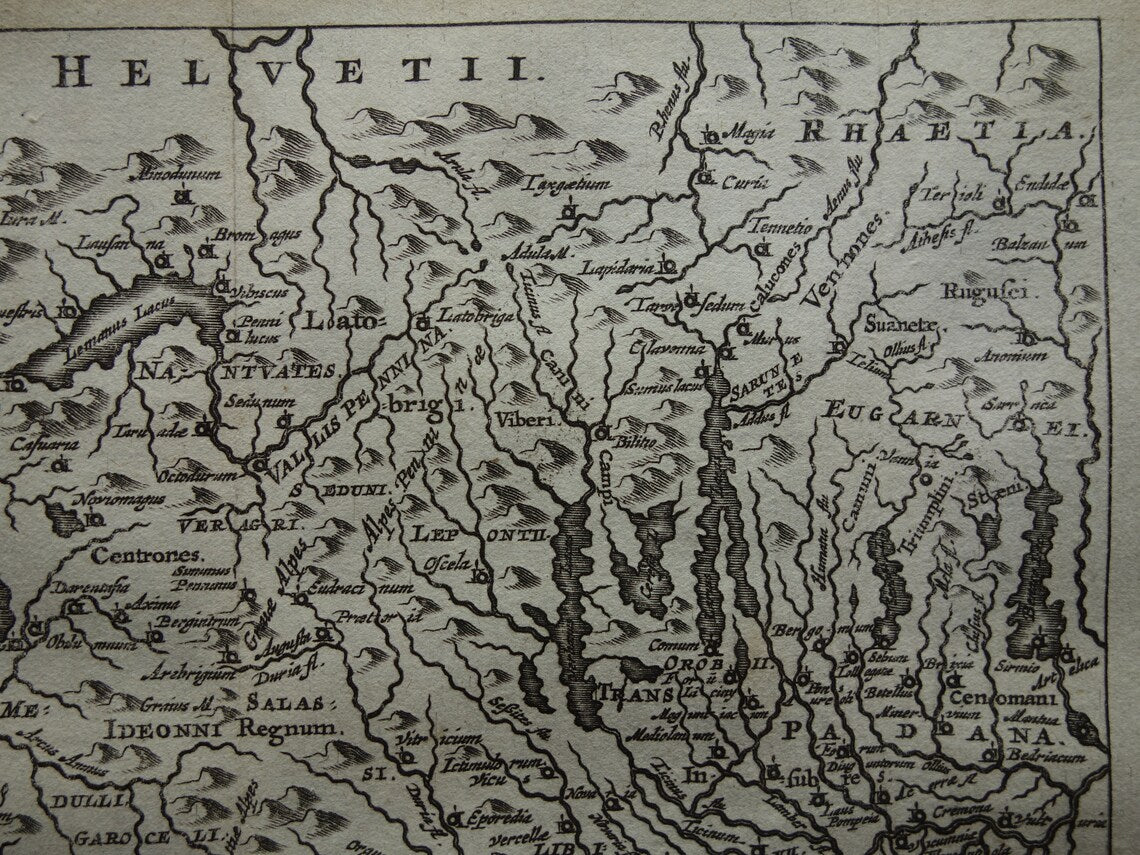 Italië 360+ jaar oude kaart van Noordwest-Italië in oudheid 1661 originele antieke Nederlandse landkaart klein formaat