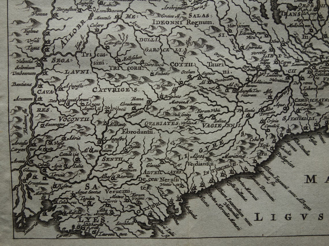 Italië 360+ jaar oude kaart van Noordwest-Italië in oudheid 1661 originele antieke Nederlandse landkaart klein formaat