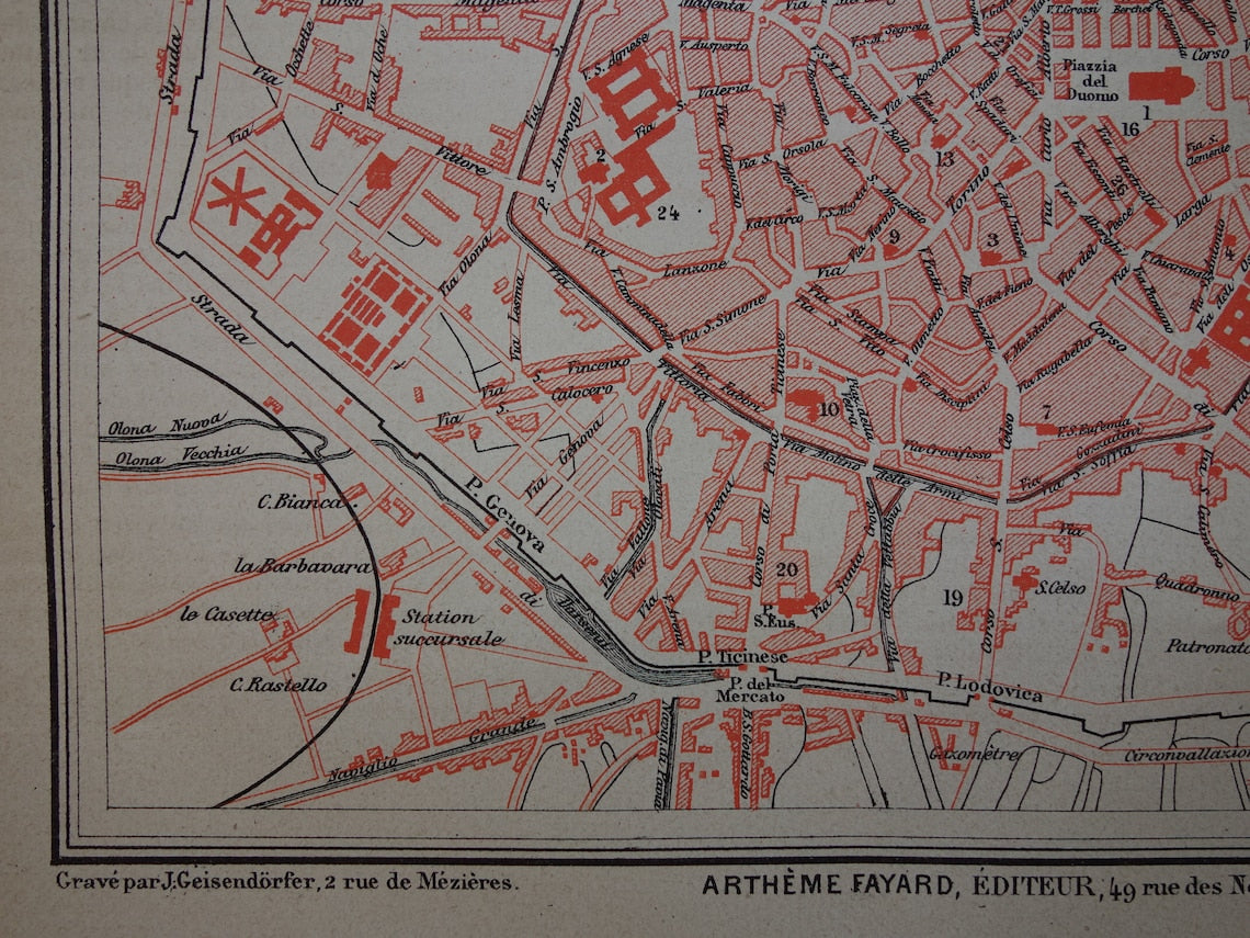 MILAAN Oude kaart van Milaan uit 1877 originele antieke Franse plattegrond historische kaarten