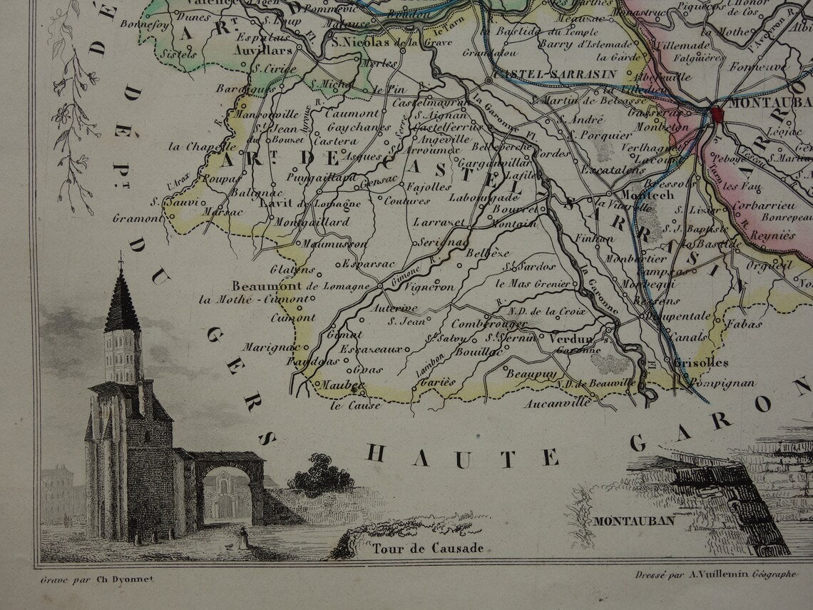 Tarn-et-Garonne Oude Kaart uit 1856 originele antieke handgekleurde landkaart departement Frankrijk