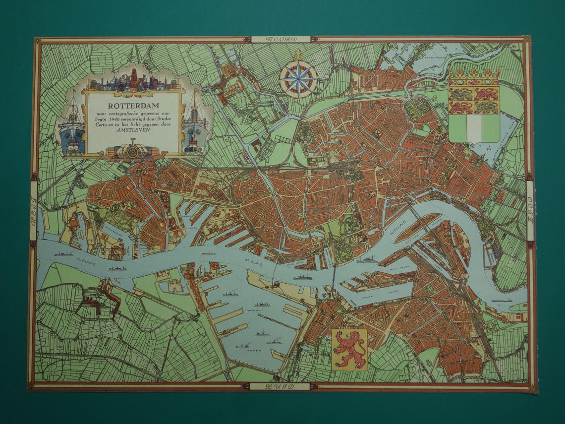 ROTTERDAM oude kaart van Rotterdam in 1940 originele vintage plattegrond landkaart