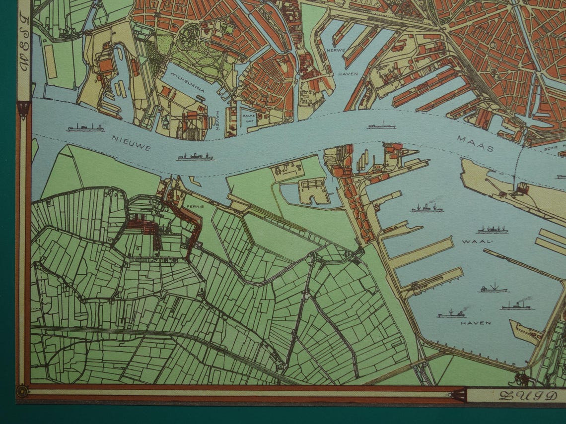 ROTTERDAM oude kaart van Rotterdam in 1940 originele vintage plattegrond landkaart