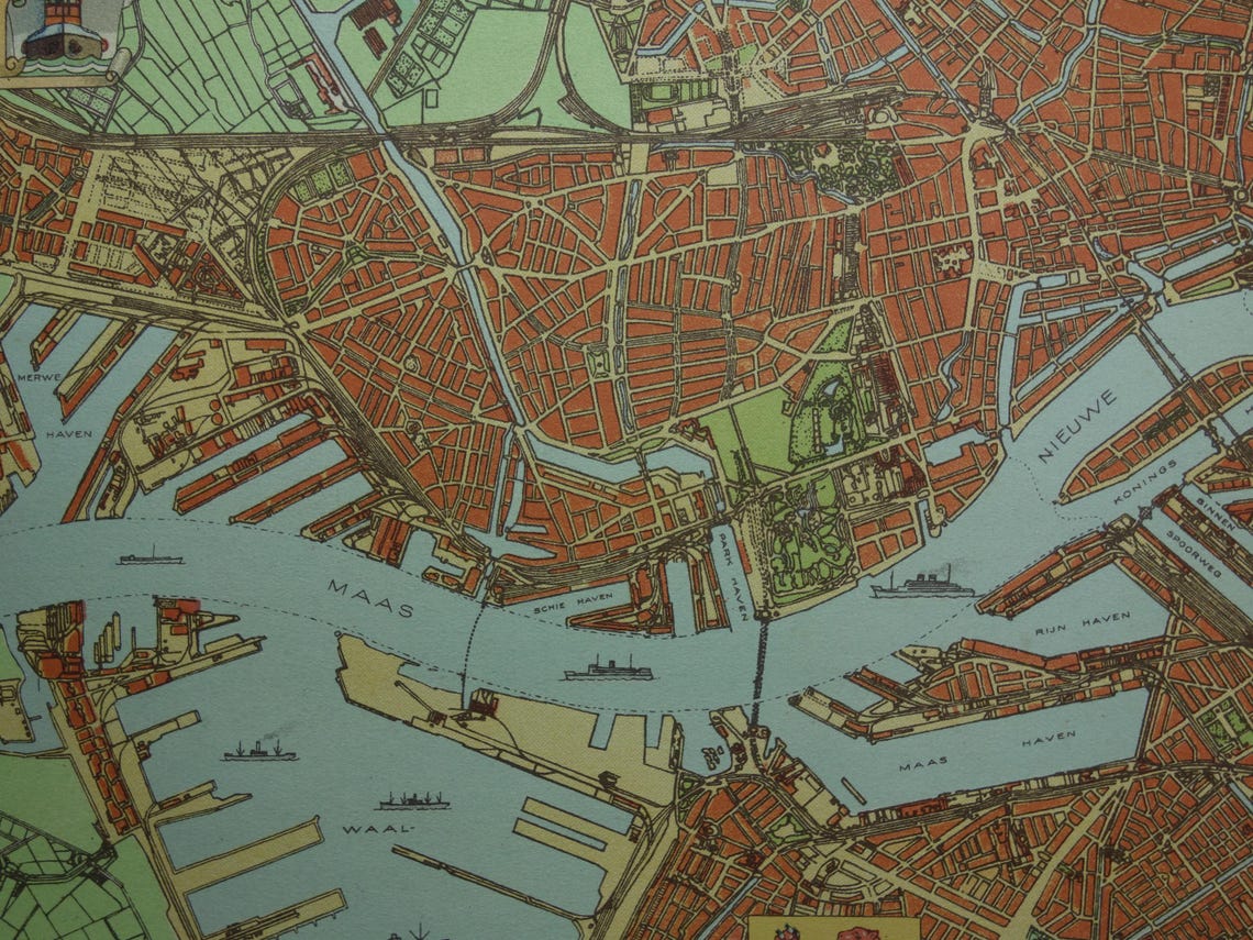 ROTTERDAM oude kaart van Rotterdam in 1940 originele vintage plattegrond landkaart