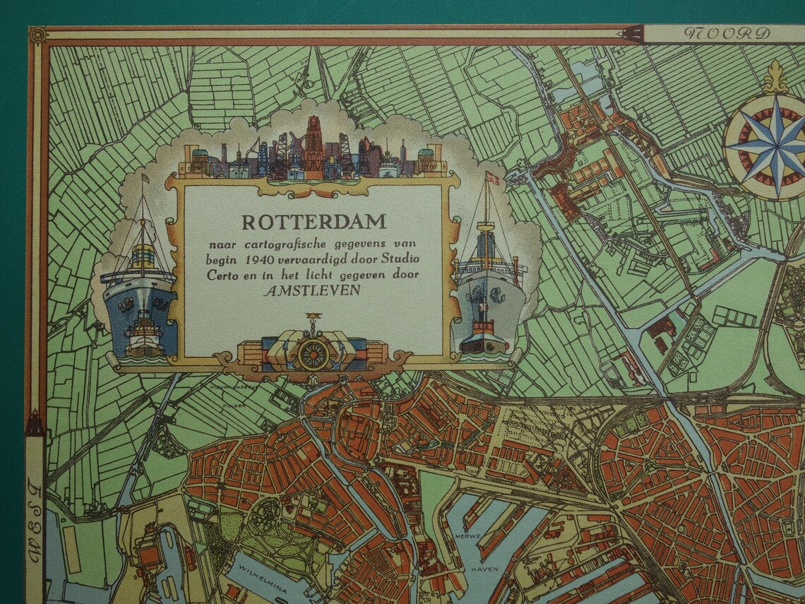 ROTTERDAM oude kaart van Rotterdam in 1940 originele vintage plattegrond landkaart