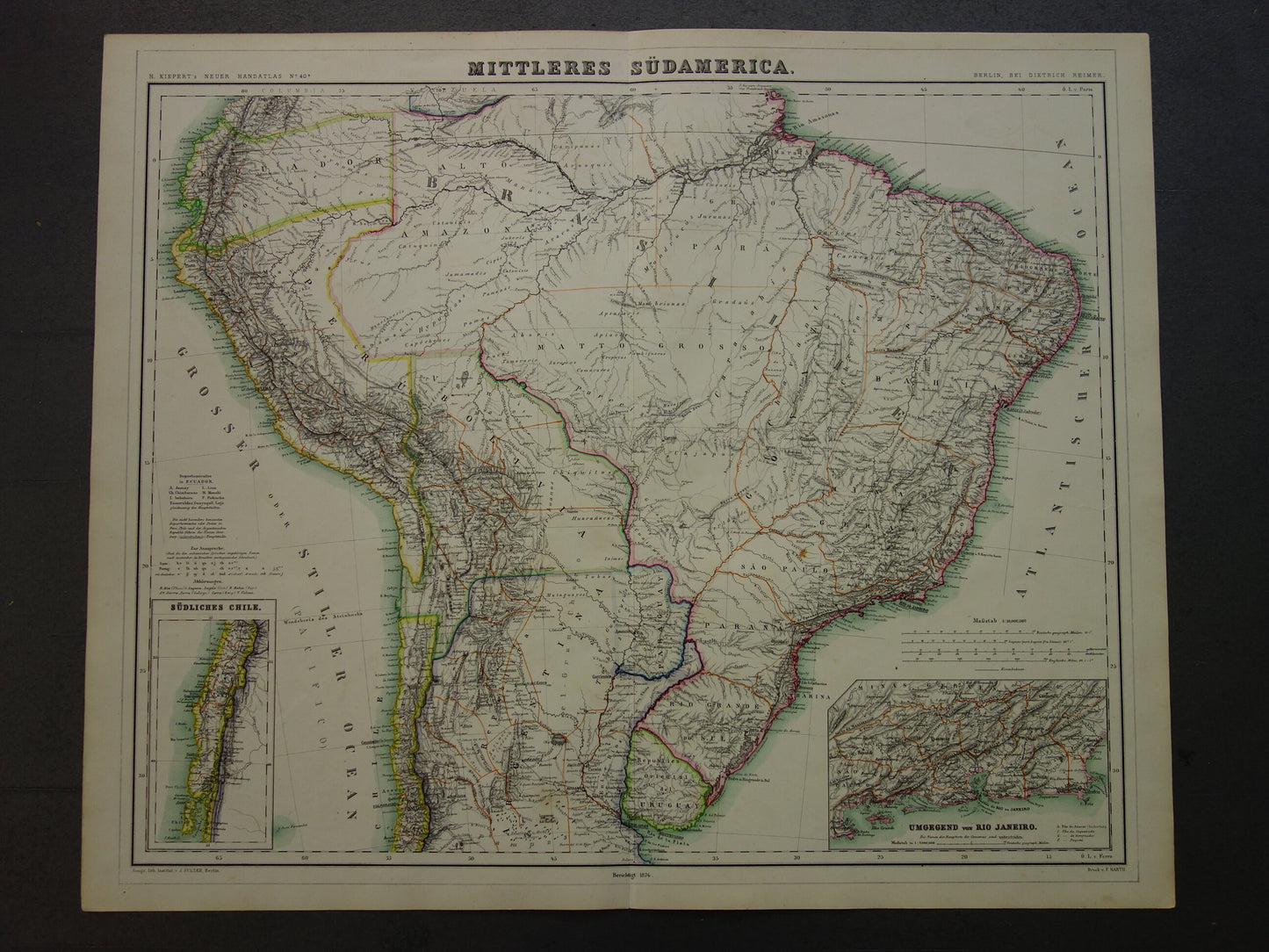 Oude kaart van Brazilië uit 1874 Originele antieke handgekleurde landkaart met jaartal