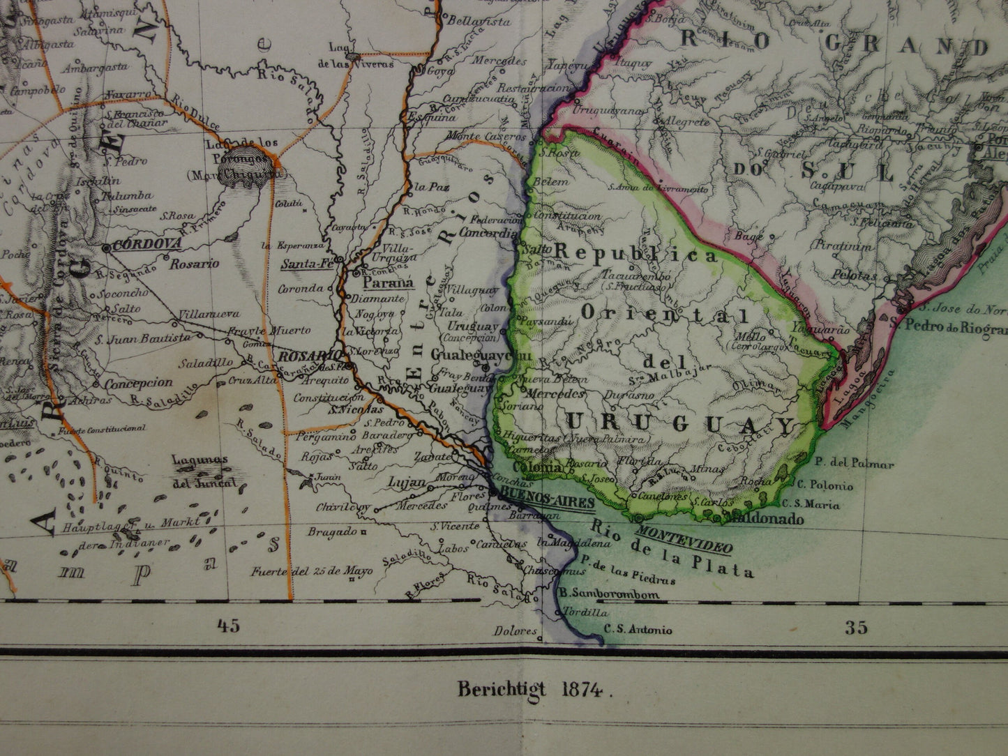 Oude kaart van Brazilië uit 1874 Originele antieke handgekleurde landkaart met jaartal