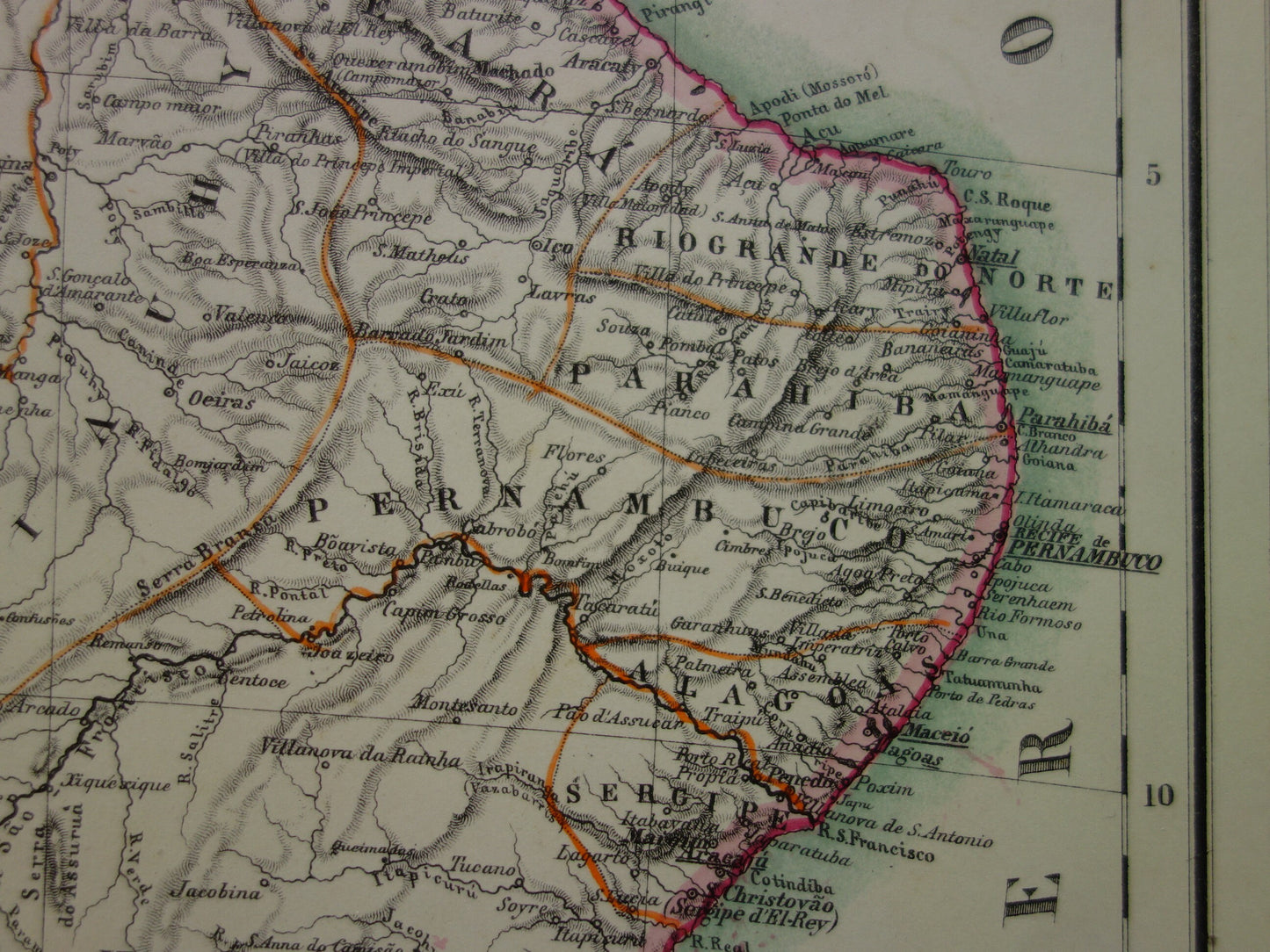 Oude kaart van Brazilië uit 1874 Originele antieke handgekleurde landkaart met jaartal
