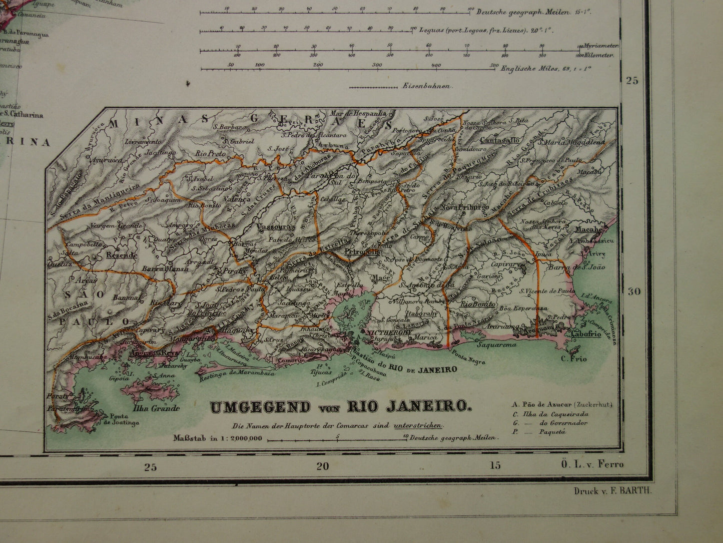 Oude kaart van Brazilië uit 1874 Originele antieke handgekleurde landkaart met jaartal