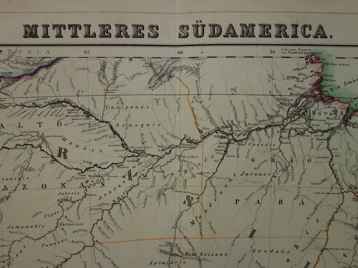 Oude kaart van Brazilië uit 1874 Originele antieke handgekleurde landkaart met jaartal